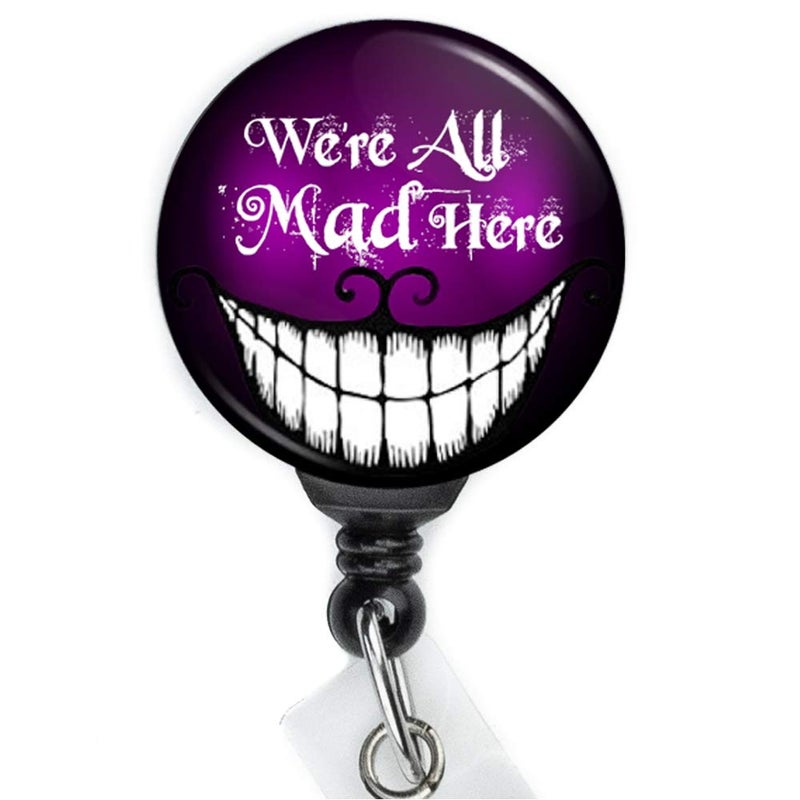 Limeloot Halloween Alice in Wonderland Cheshire Cat We are All Mad Here Retractable Badge Reel with Swing Clip and 36 Inch Cord - Image 1